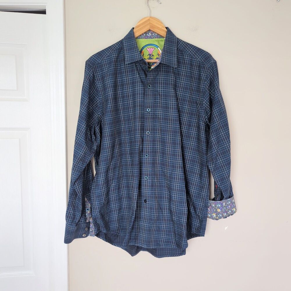 Robert Graham Grayson Blue Plaid Long Sleeve Button Down Shirt Contrast Cuff LG